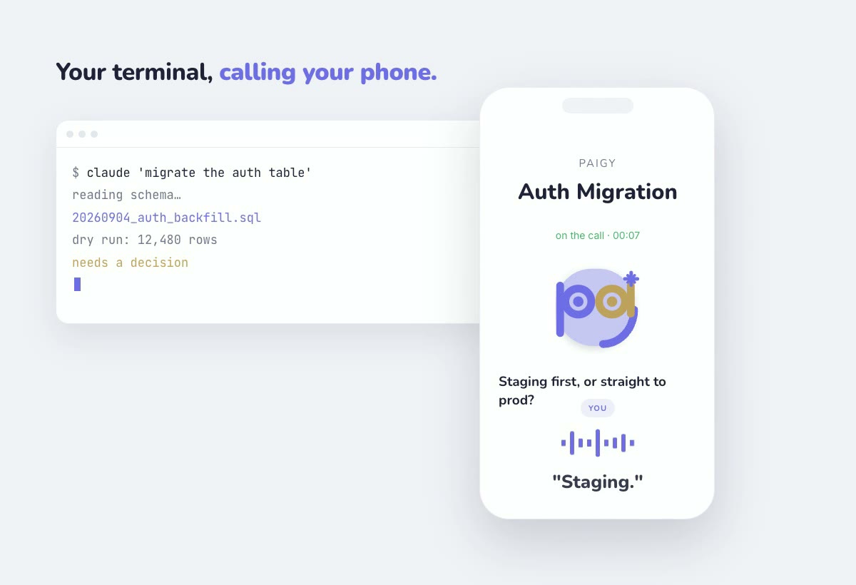 A terminal runs a migration, stops for a decision, and a phone rings; the answer is spoken and the work resumes.